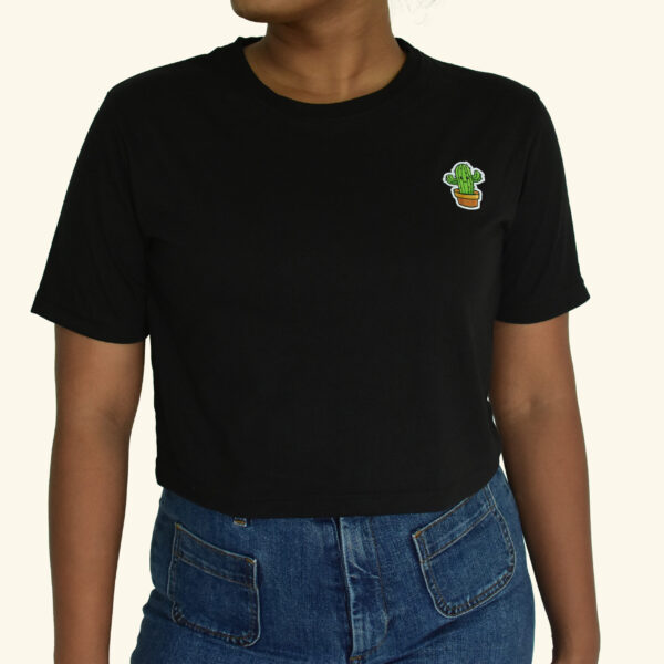 Black Crop Top Cactus Printed